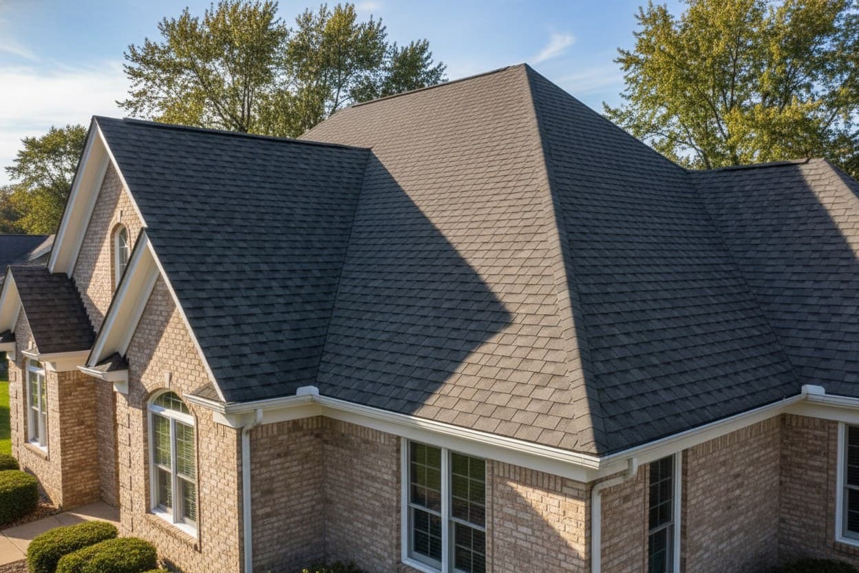 Finished architectural asphalt shingle roof on a Dearborn home