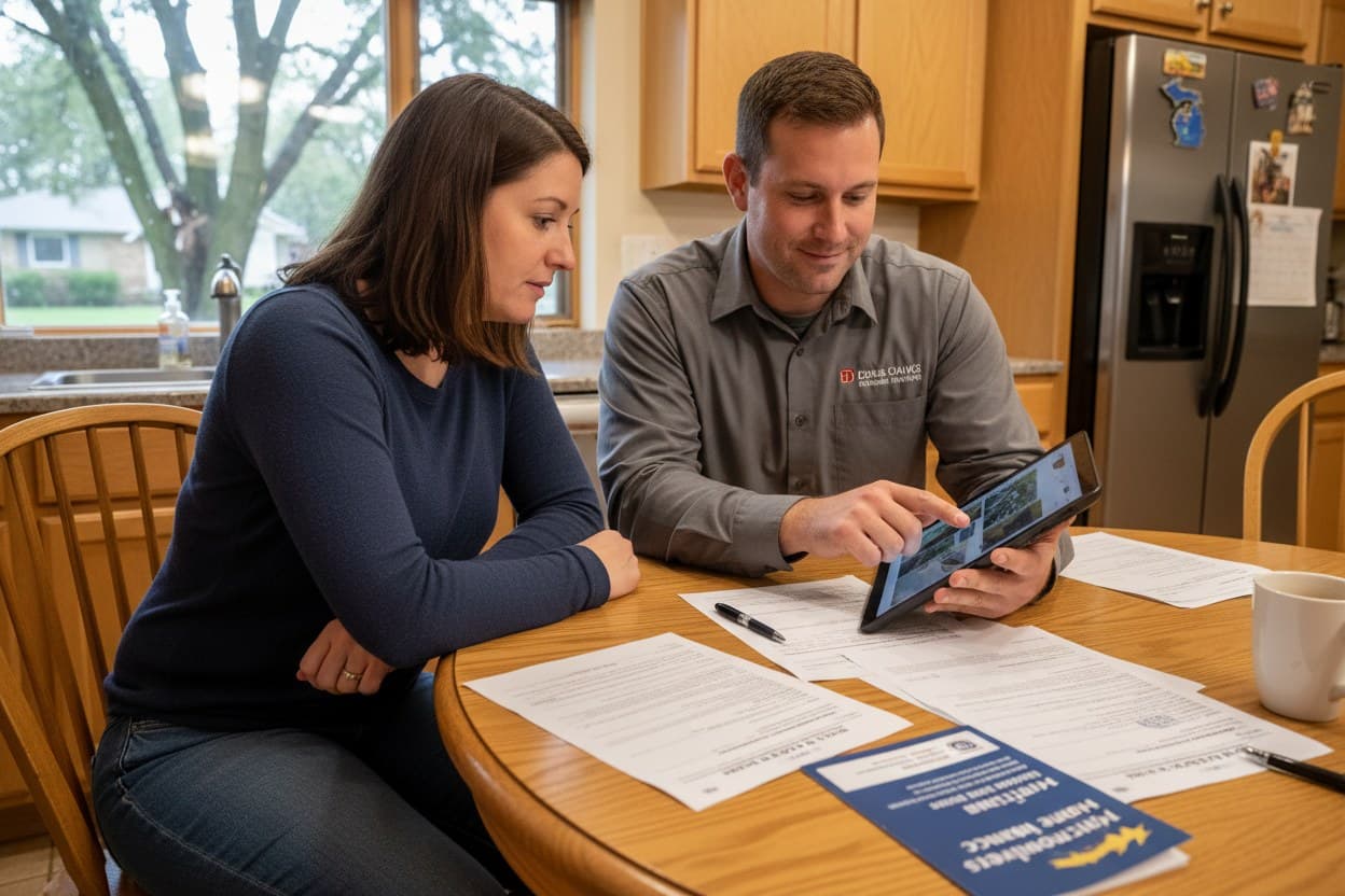 Contractor and homeowner reviewing a Dearborn roof claim