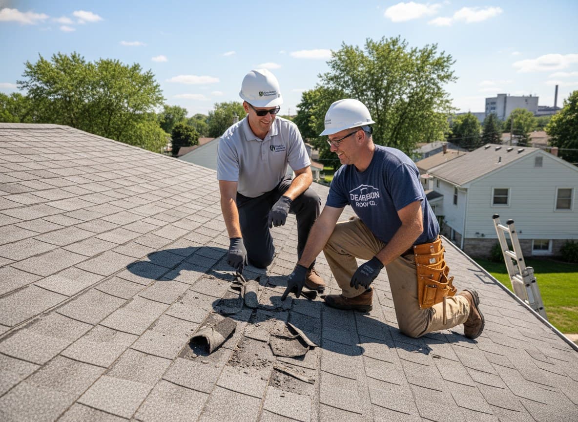 Adjuster and contractor inspecting roof damage in Dearborn