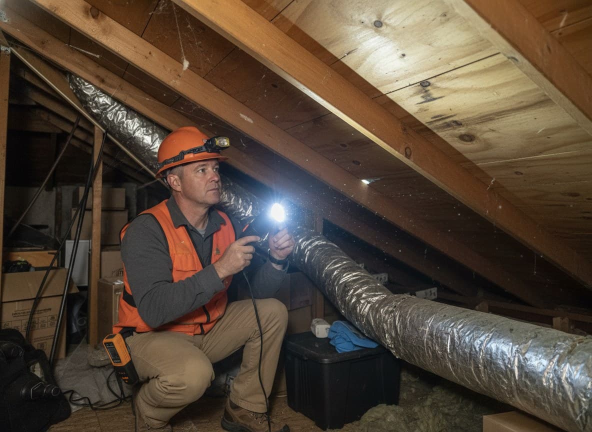 Inspector checking roof decking for moisture in Dearborn attic