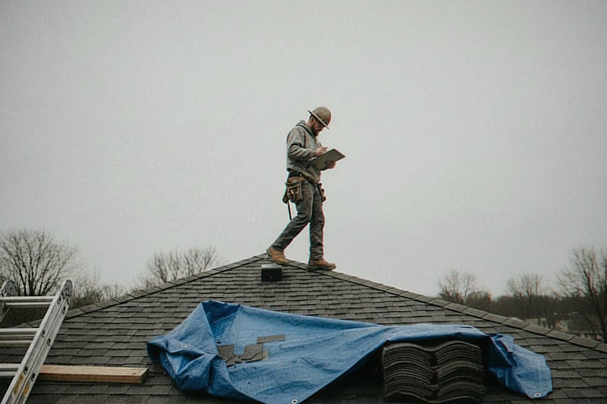 Inspector examining shingles and flashing on a Dearborn roof