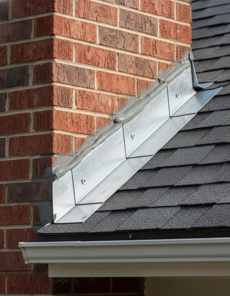 Repaired step flashing at a Dearborn chimney sidewall