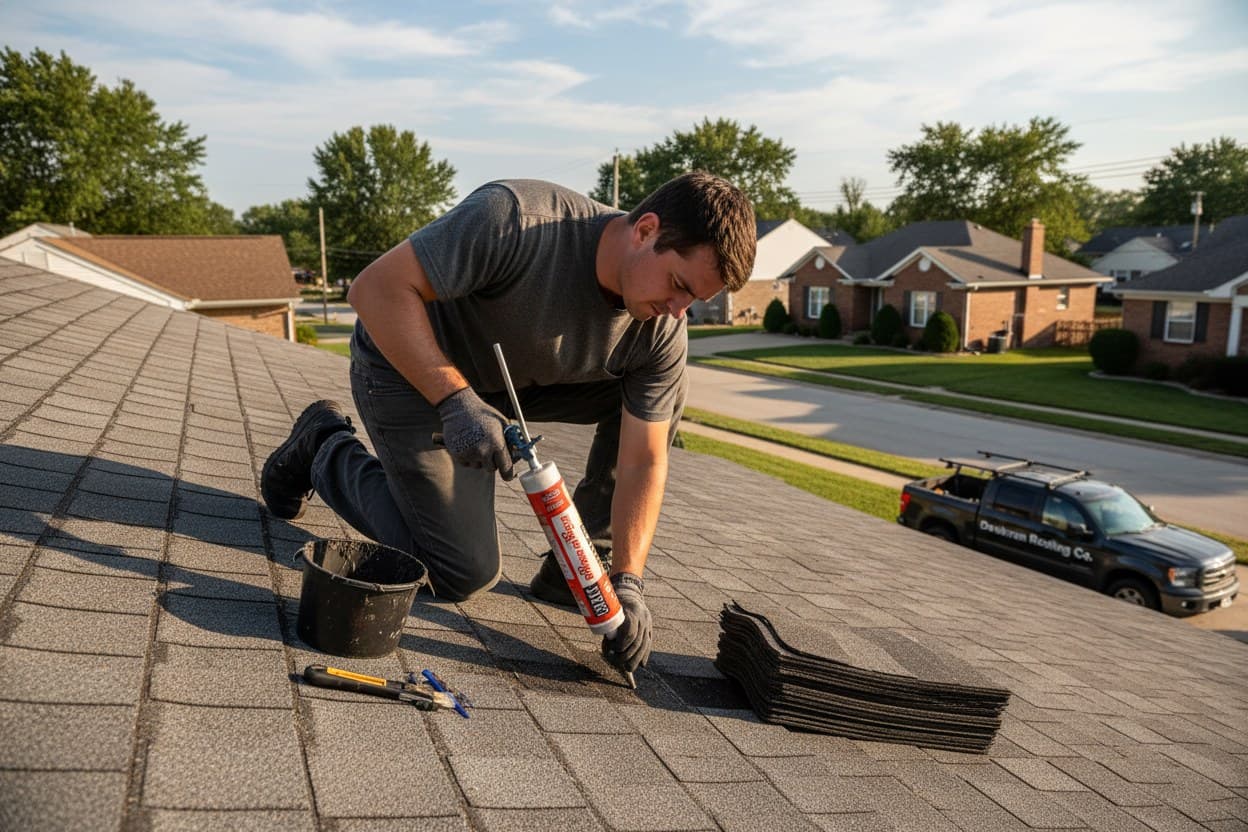Roofer replacing damaged shingles on a Dearborn home roof