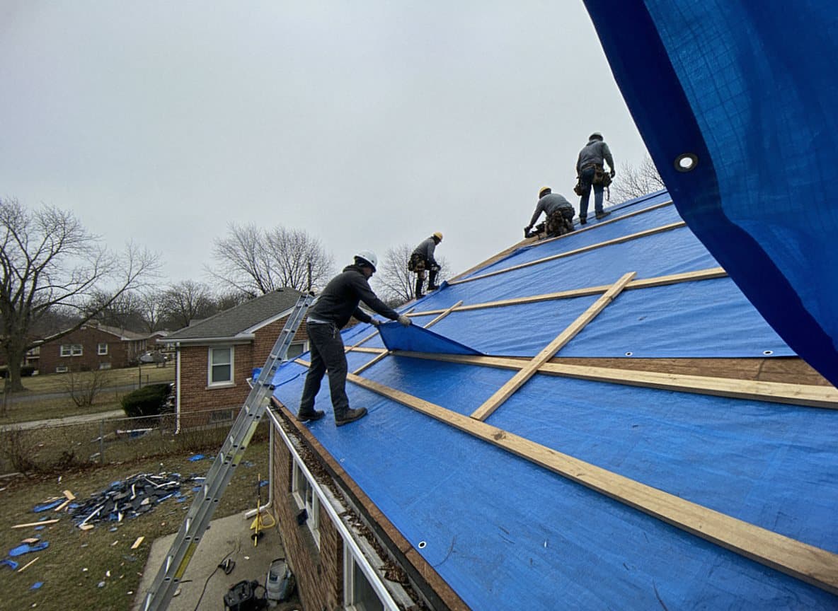 Roofers securing an emergency tarp after a Dearborn storm